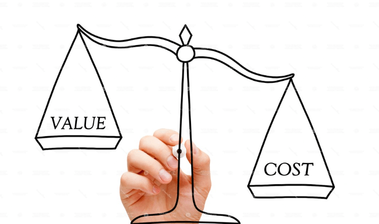 An image showing a hand, with a pencil drawing on top of scales with value on one side and cost on the other. Coaching isn't a cheap, quick fix.