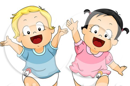 A cartoon image of a blond toddle with a blue t-shirt and a dark haired toddler with a pink t-shirt. Toddler care!