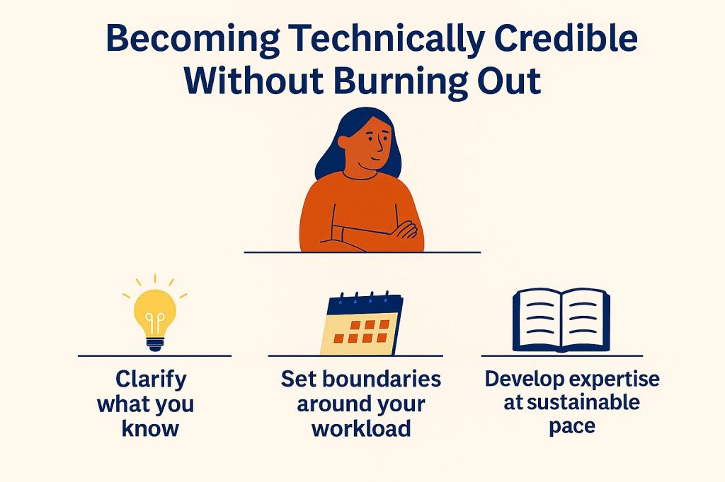 Image with the words "Becoming Technically Credible without Burning Out" written above the cartton of a dark skinned woman in orange top. Below that is a light bulb, calendar and notebook, with "Clarify what you know" under the light bulb, "Set boundaries around your workload" under the calendar and "Develop expertise at a sustainable pace" under the notebook.