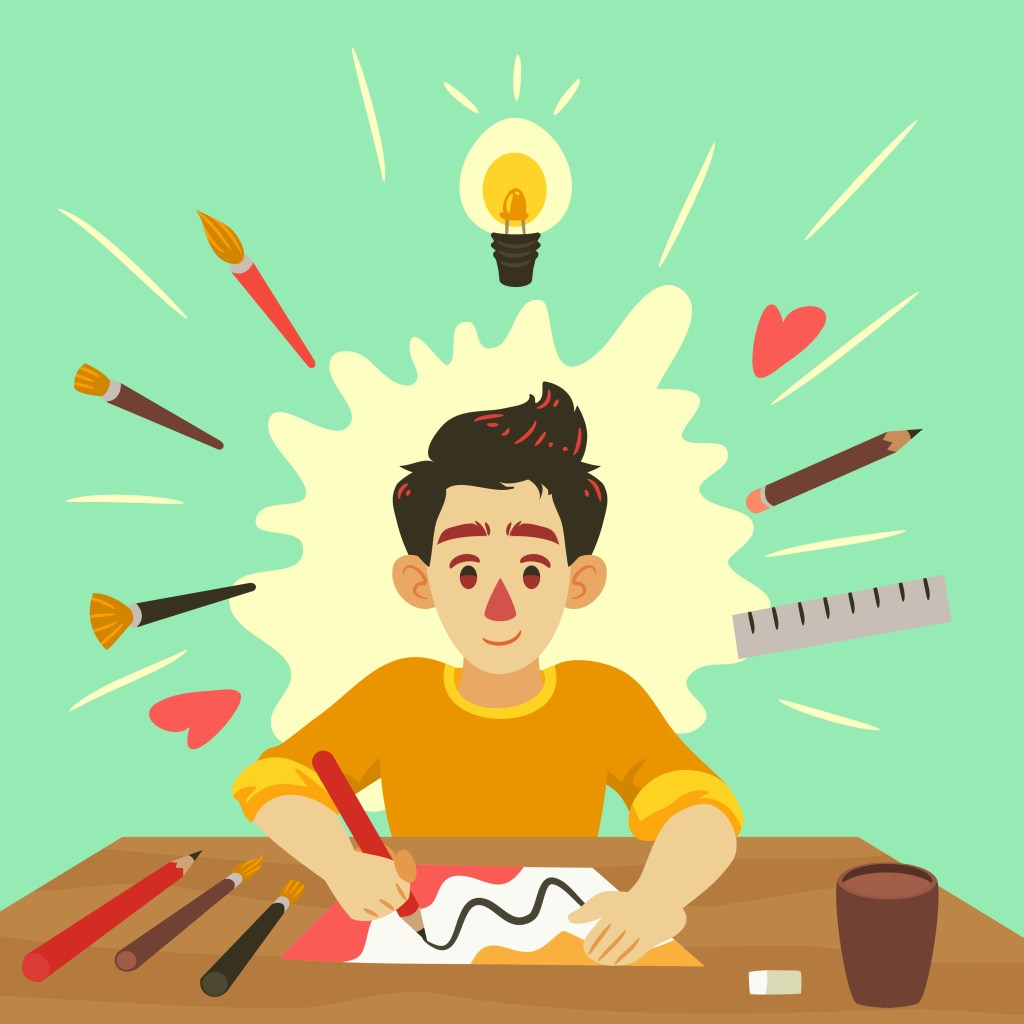 A cartoon image of a person drawing on a bit of paper, pencils, rulers, paintbrushes all round them and a mug of coffee in the foreground. A creative approach to outgrowing your job!